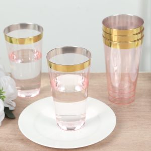 12-Pack Plastic Party Cups 17oz Transparent Blush with Gold Rim - Disposable Drinking Tumblers 5.5"